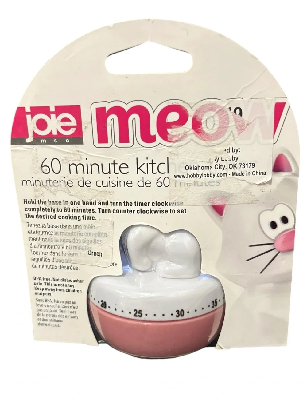 New Joie White & Pink Cat Meow Kitchen Timer